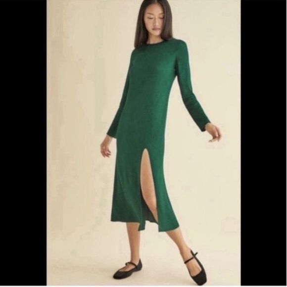 Reformation Midi Dress Womens Size 8 Emerald Green Long Sleeve Side Slit Holiday - Picture 1 of 9